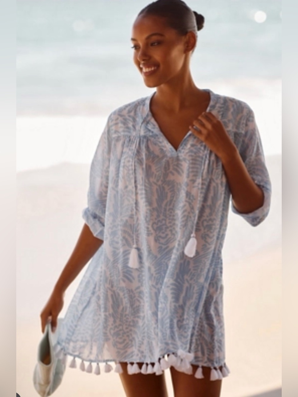 Roller Rabbit Laure Serafina Tassel Tunic Cover-Up Blue White Cotton Size Large